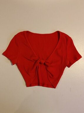 Women's Red Ribbed Tie-Front Crop Top